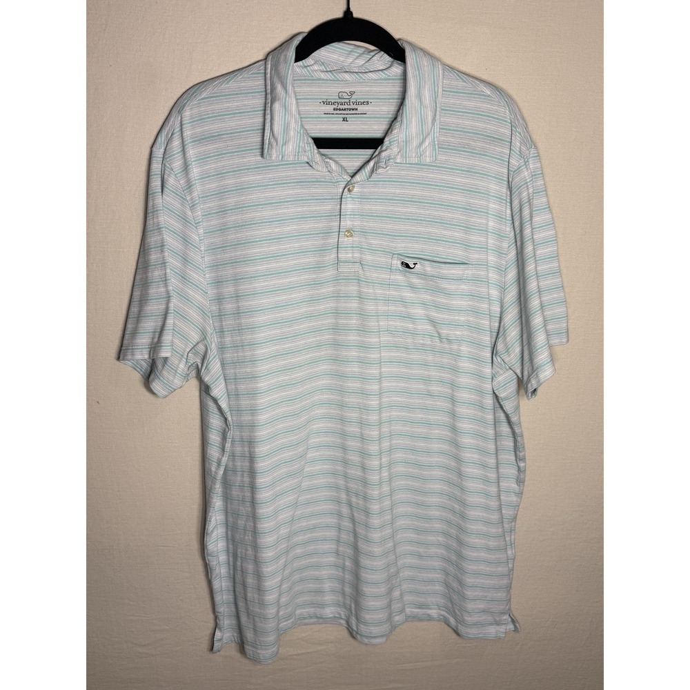 Vineyard Vines Edgartown Polo Shirt XL Blue White Striped Pocket Cotton Stretch